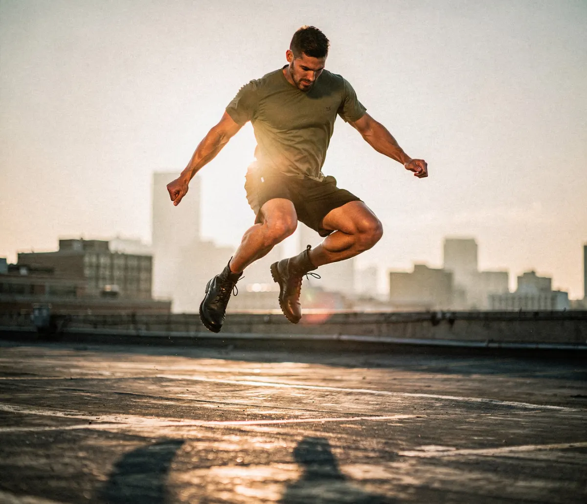 Man training on a rooftop at sunrise
