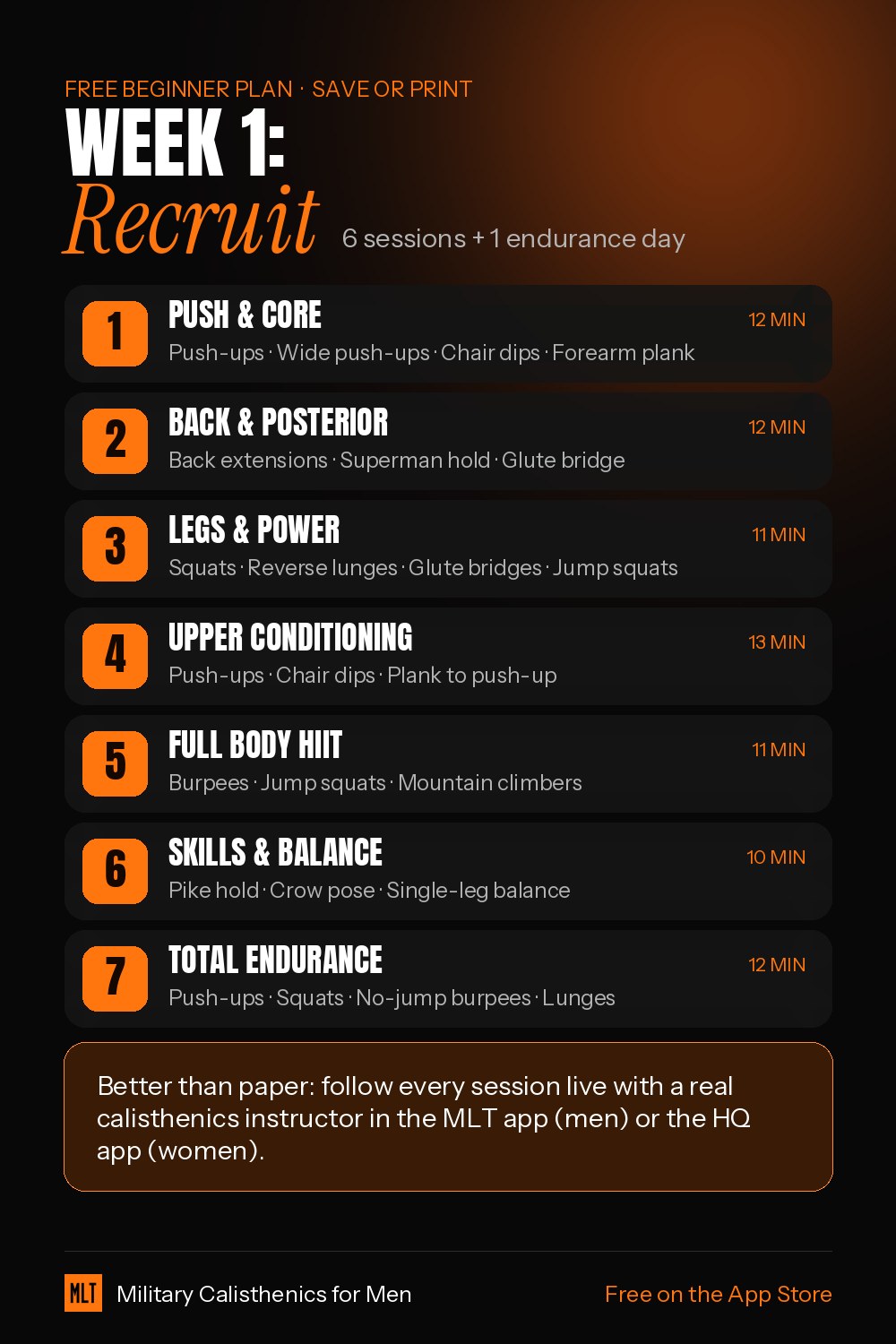 Printable Week 1 military workout plan for beginners: Day 1 push and core, Day 2 back, Day 3 legs and power, Day 4 upper body conditioning, Day 5 full body HIIT, Day 6 skills and balance, Day 7 total endurance