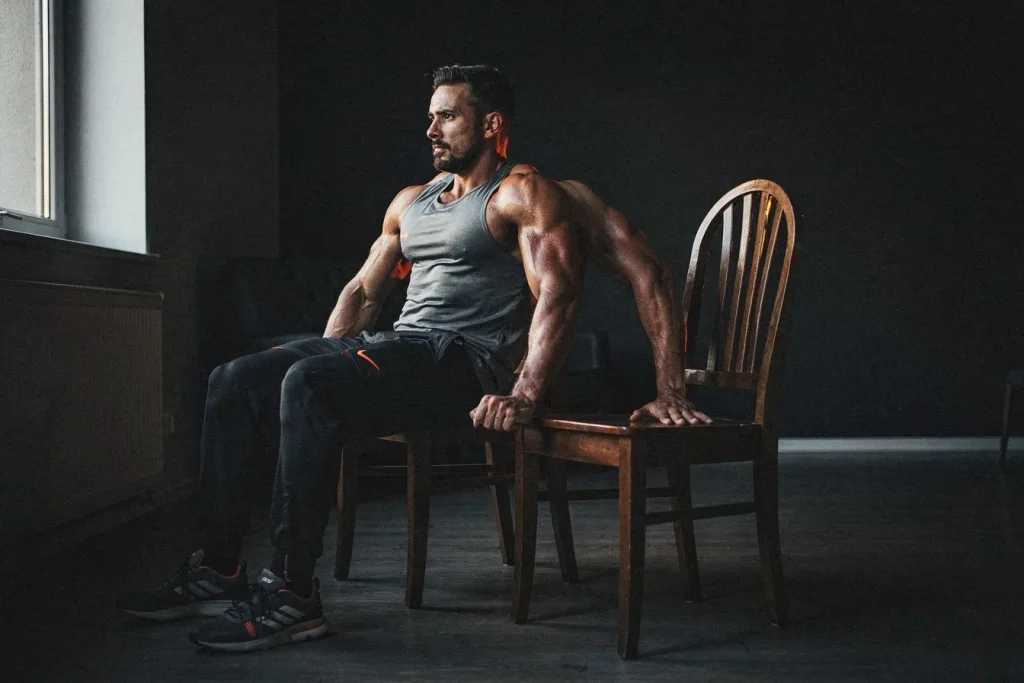 Man doing chair dips between two chairs in a dark apartment