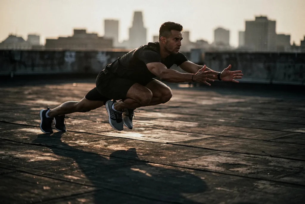 Man jumping during a burpee on a rooftop at sunrise