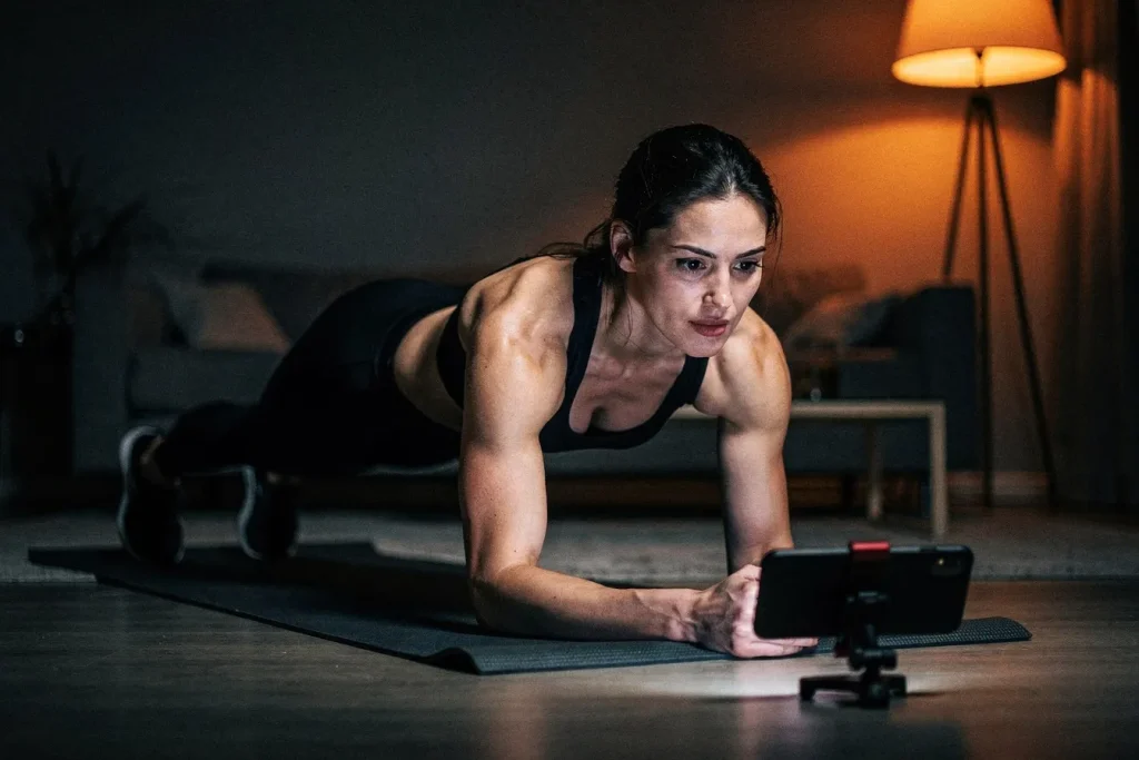 Woman doing a plank while following an instructor-led workout on her phone