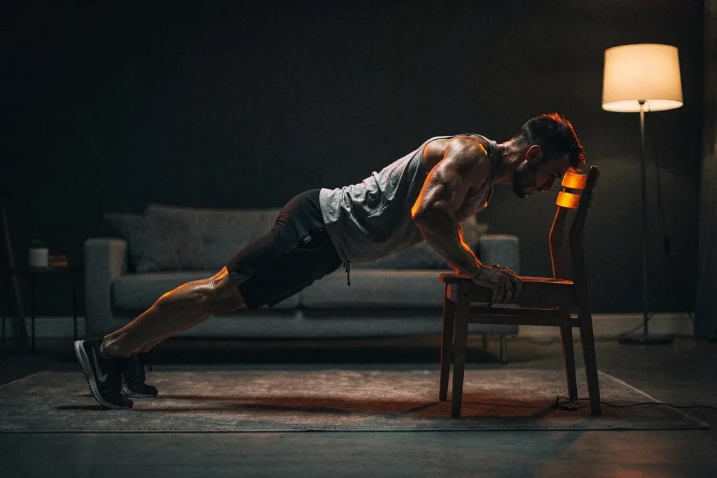 Man doing a decline push-up with feet raised on a chair at home