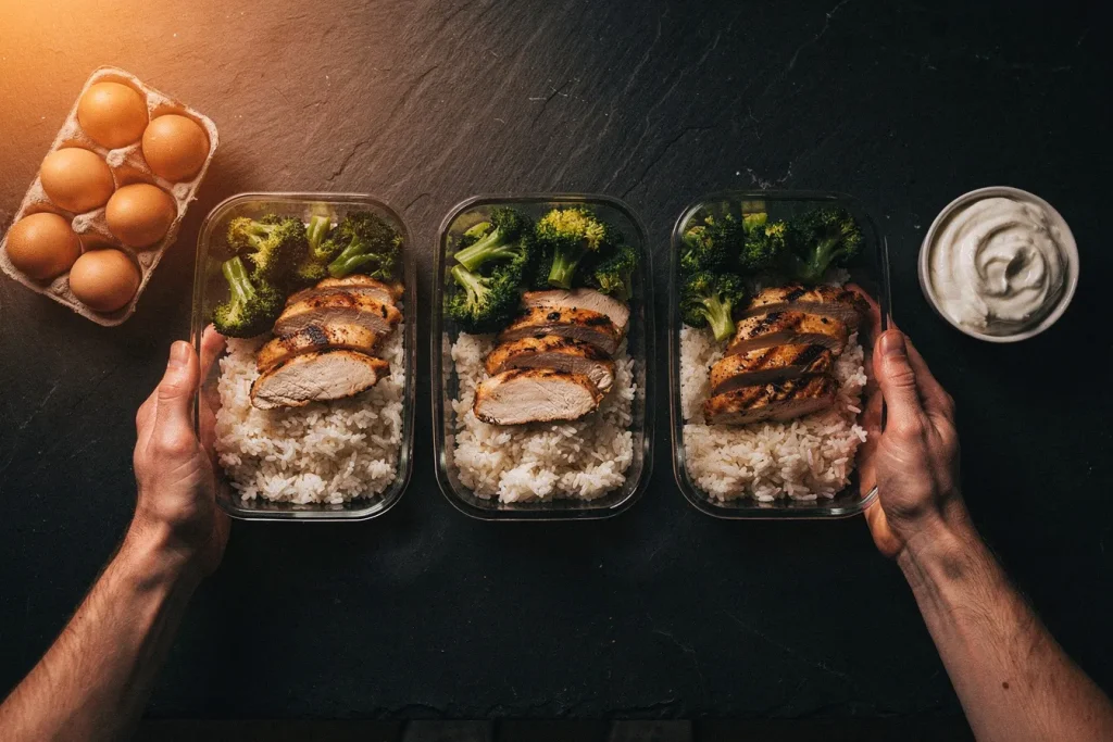 Simple meal prep with chicken, rice, broccoli, eggs and Greek yogurt