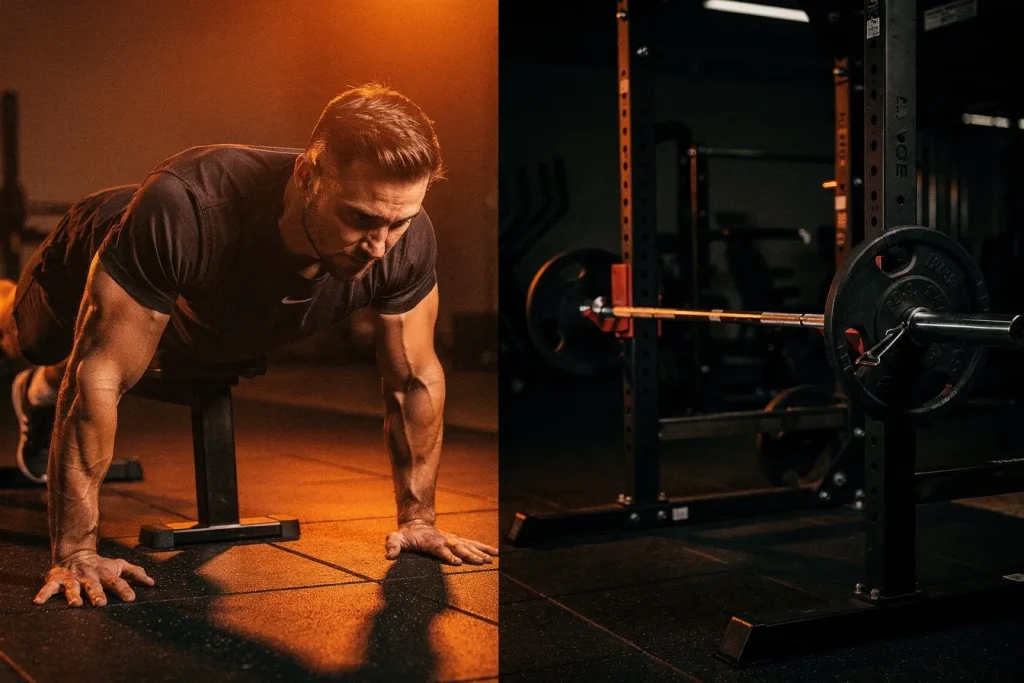 A decline push-up next to an empty barbell rack, comparing calisthenics and gym training