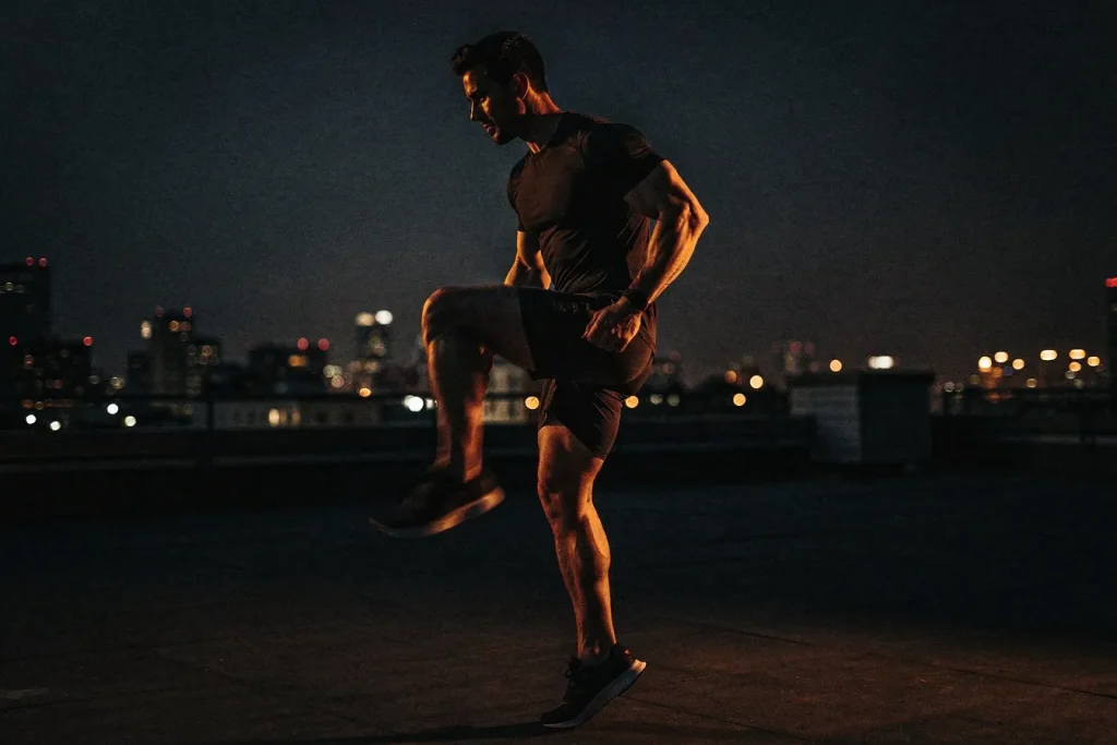 Man doing high knees on a rooftop during a conditioning circuit