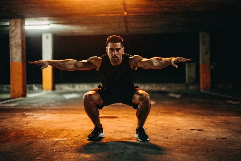 Man performing a deep bodyweight squat in a concrete garage at night