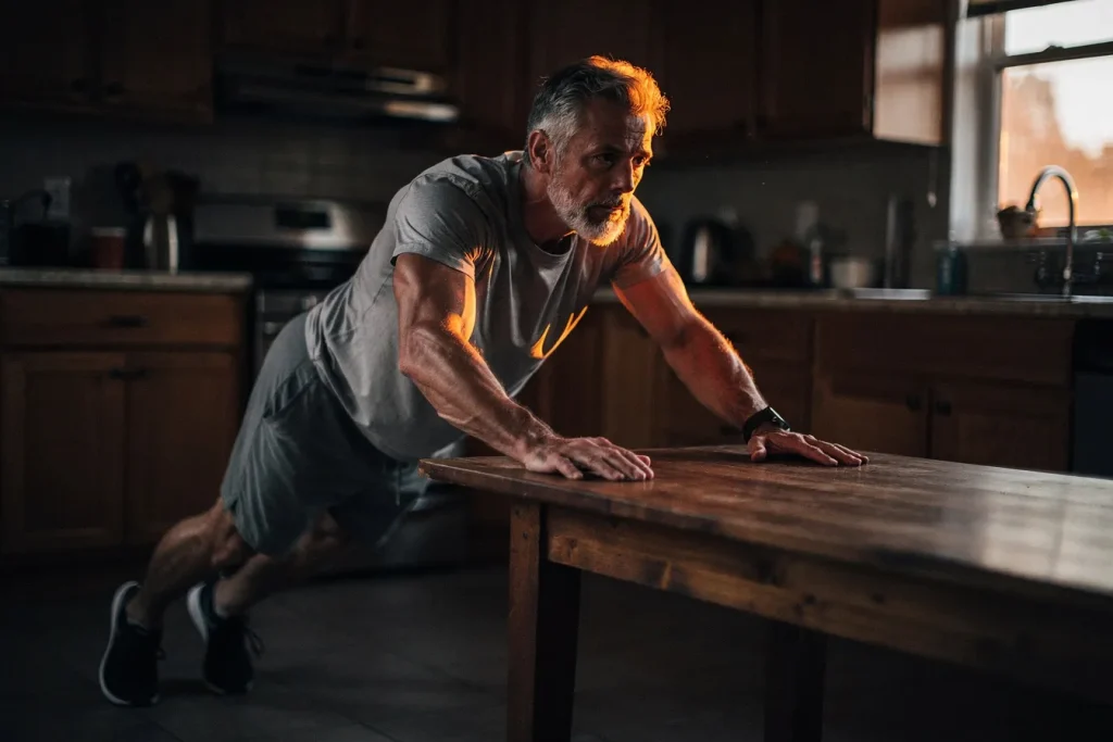 Man in his fifties doing an incline push-up against a kitchen table