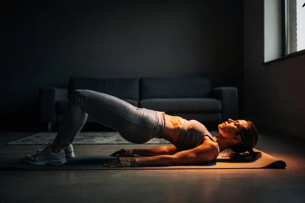 Woman holding a glute bridge at home during a bodyweight workout