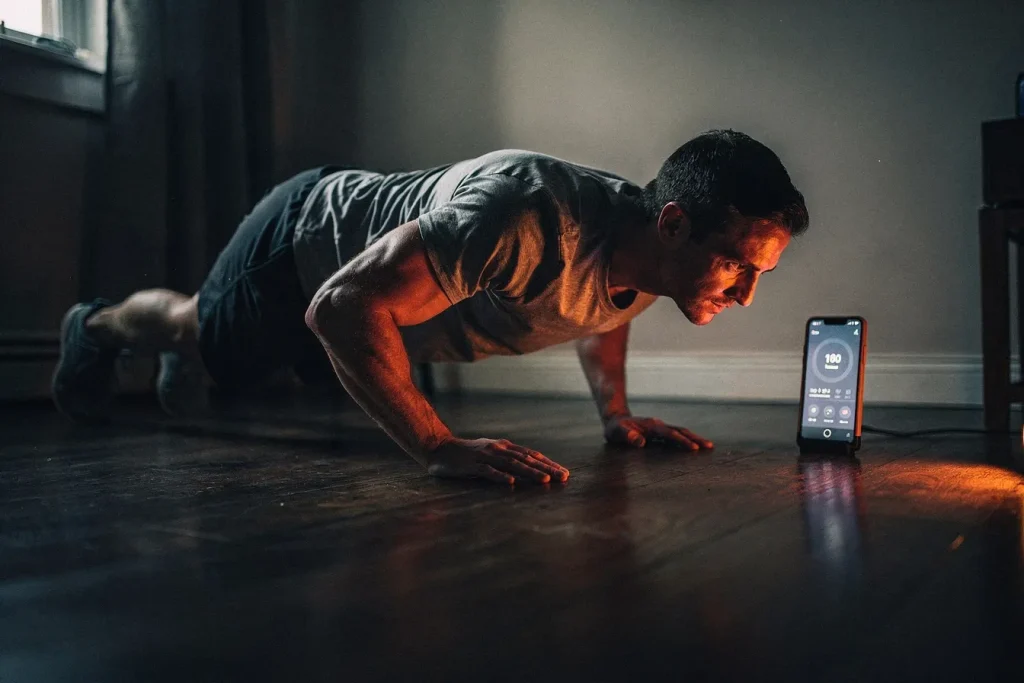 Man doing a strict push-up at home during a short military calisthenics session