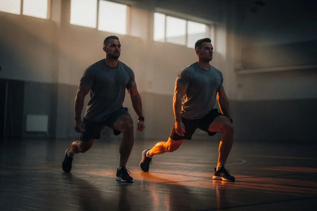 Two men doing synchronized lunges in a military-style PT session